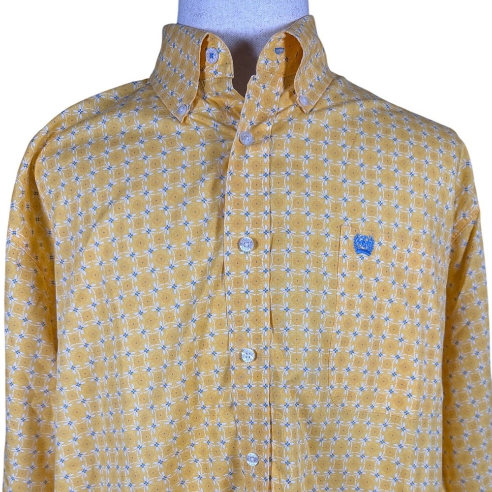 Cinch Mens Yellow Geometric Medallion Print Long Sleeve Button Down Shirt Large